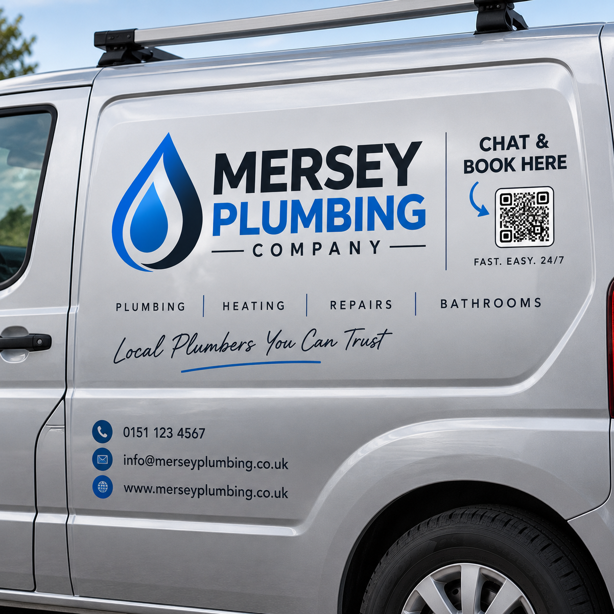 A van with the business branding and a QR code customers can scan to chat and book