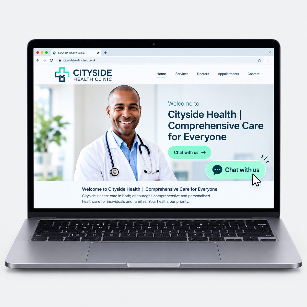 Laptop showing a clinic website with a Chat with us button in the corner
