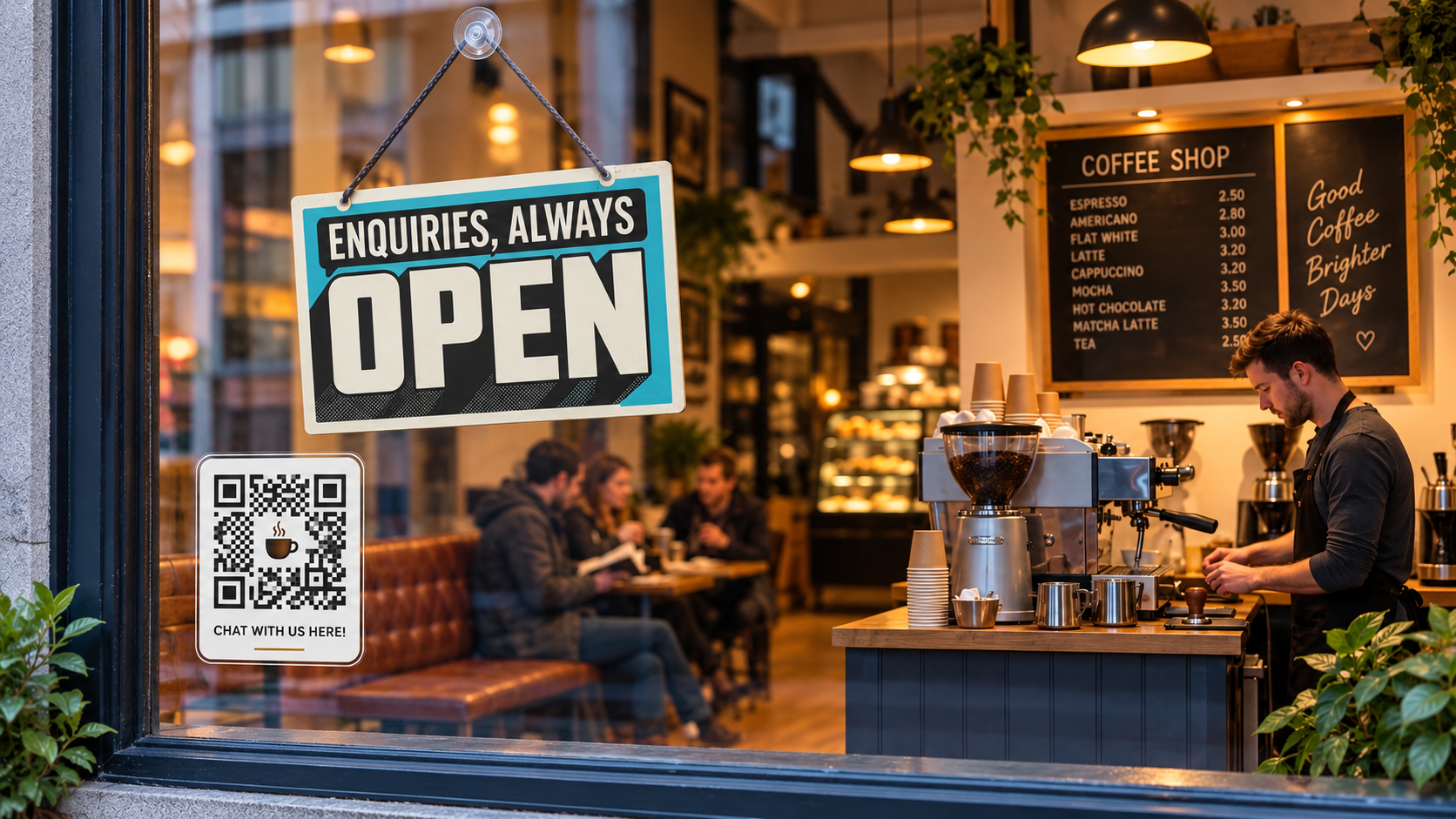 Coffee shop window with an always open sign and a chat QR code